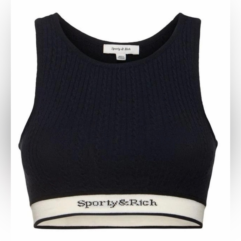 Sporty & Rich Navy Serif Logo Cableknit Tank